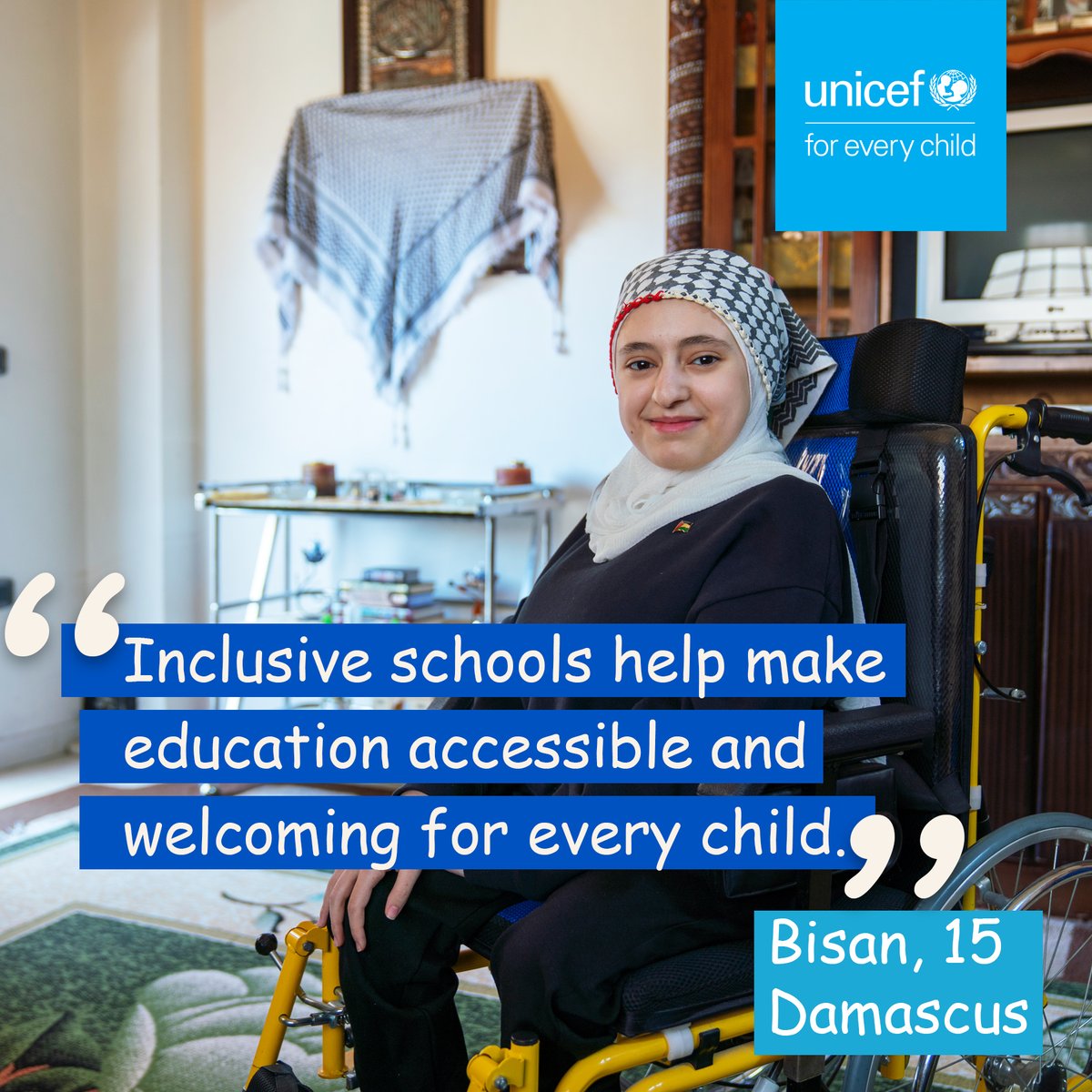 “Inclusive schools help make education accessible and welcoming for every child,” says Bisan, 15, from Damascus. With partners, #UNICEF is working to make schools across #Syria safe, inclusive and empowering—so every #child can learn, grow, and thrive.
#ForEveryChild, every right