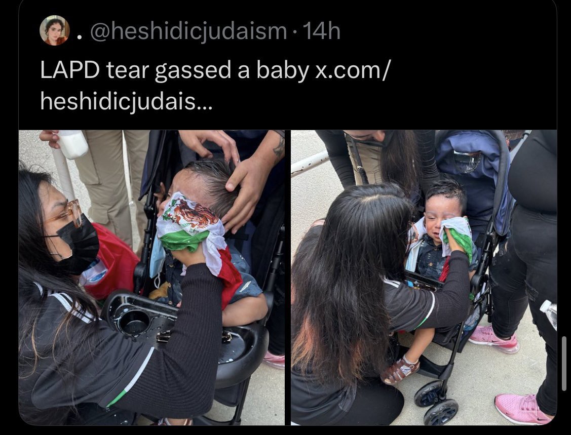 Alternate caption:

‘Retarded mother brings a baby to a full scale fucking riot.’