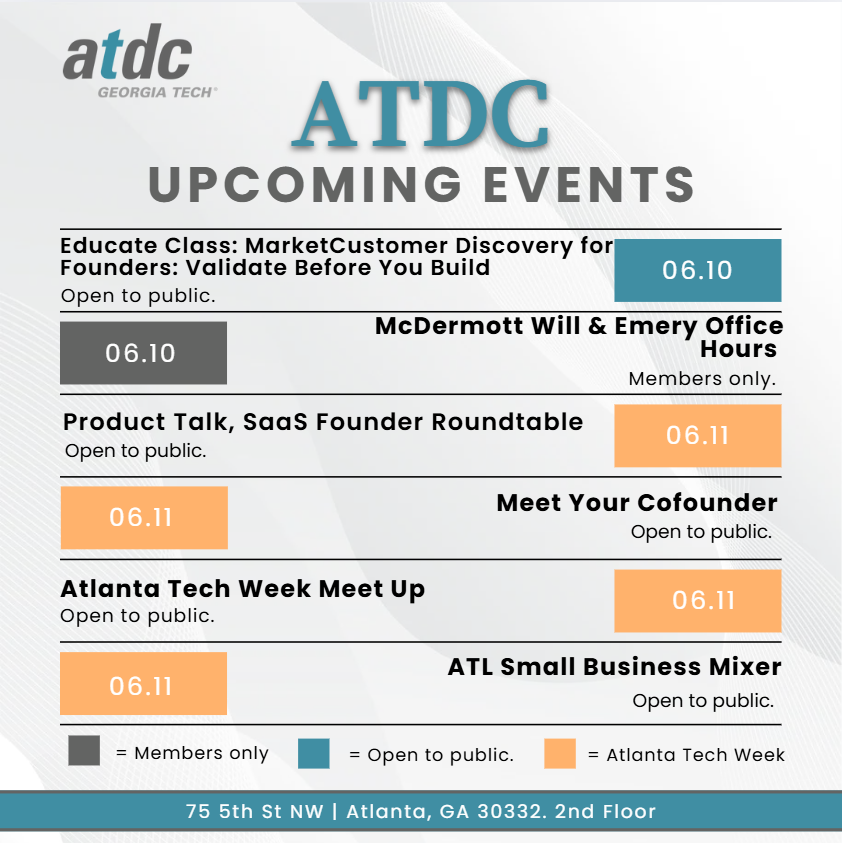 atdc's tweet image. 📅 This Week at ATDC, Atlanta Tech Week Edition 🍑

 #AtlantaTechWeek #ATDC