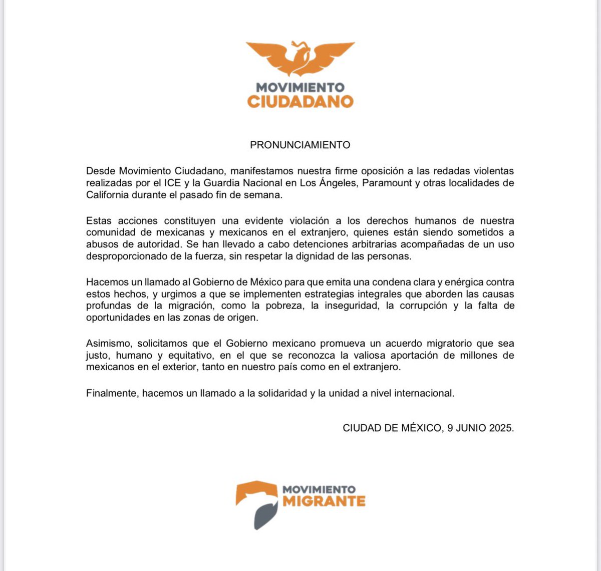 Desde <a href="/MovCiudadanoMX/">Movimiento Ciudadano | Movimiento Naranja</a> nos pronunciamos por la defensa de los derechos humanos de los mexicanos y mexicanas residentes en el exterior. #MovimientoCiudadano #Movimientomigrante