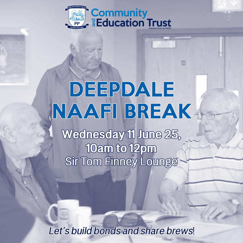 ☕️ Open to veterans aged 55 or above, come and join us for the Deepdale NAAFI Break! 🌟

📅 Wednesday, 11 June
🕒 10am - 12pm
📍 Sir Tom Finney Lounge, Deepdale

#PNECET | #ArmedForcesCovenantFund