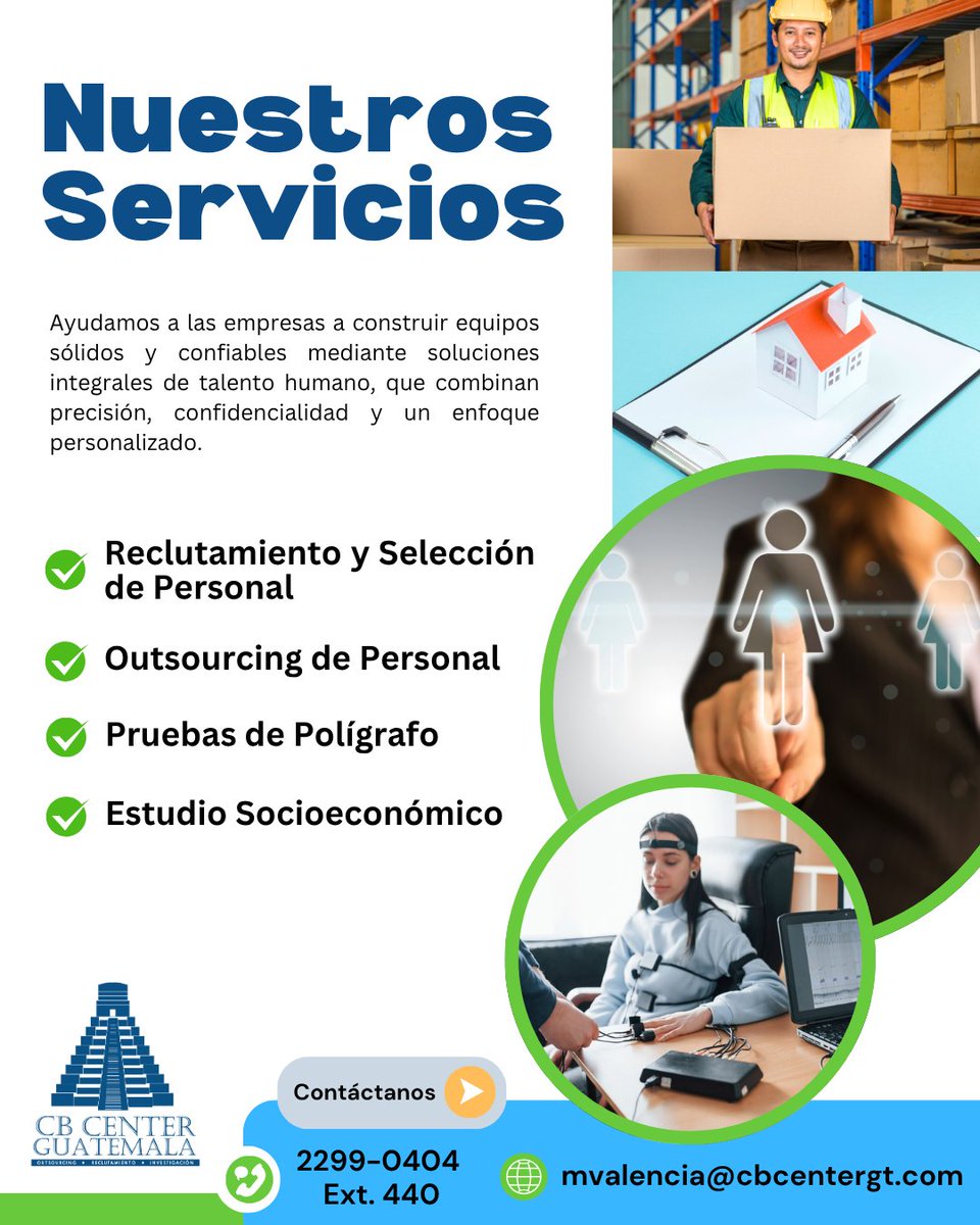 🔹¿Buscas soluciones efectivas para tu empresa? En CB Center Guatemala te apoyamos con:
✅ Reclutamiento y selección de personal
✅ Pruebas de polígrafo
✅ Estudios socioeconómicos
✅ Servicios de outsourcing
📲 Contáctanos 
🌐 Visítanos: cbcentergt.com