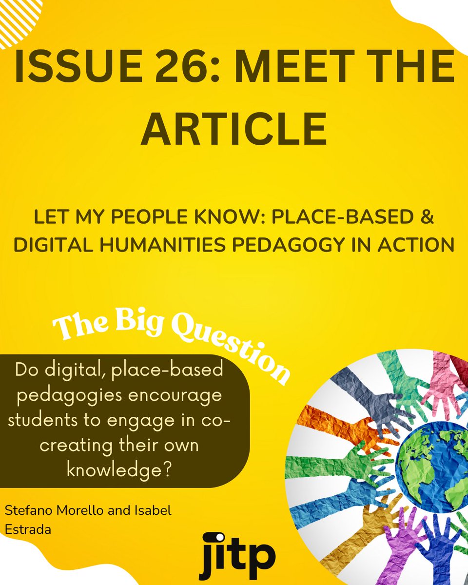 JITPedagogy's tweet image. Morello and Estrada explore how place-based learning combined with digital humanities cultivates agency, affirms local knowledge, and helps students form a living archive of student activism at their institution
#PlaceBasedLearning #StudentActivism
Read: cuny.manifoldapp.org/read/let-my-pe…