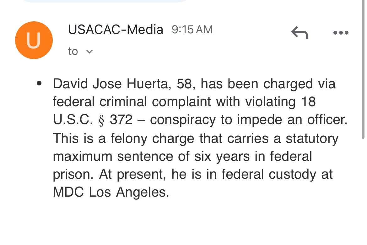 U.S. attorneys office in LA just sent an email saying David Huerta, president of SEIU California, has been charged with conspiracy to impede an officer. He’s been in jail since Friday and is expected to make his first appearance in federal court this afternoon