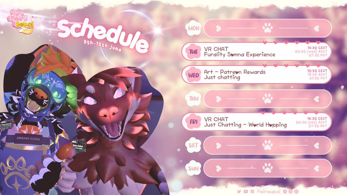 𝑊𝑒𝑒𝑘 𝑠𝑐ℎ𝑒𝑑𝑢𝑙𝑒 ✦
_________________________
Welcome back, old schedule!
And you know what this means 👀

#vtuber #furry #vrchat #vulper
