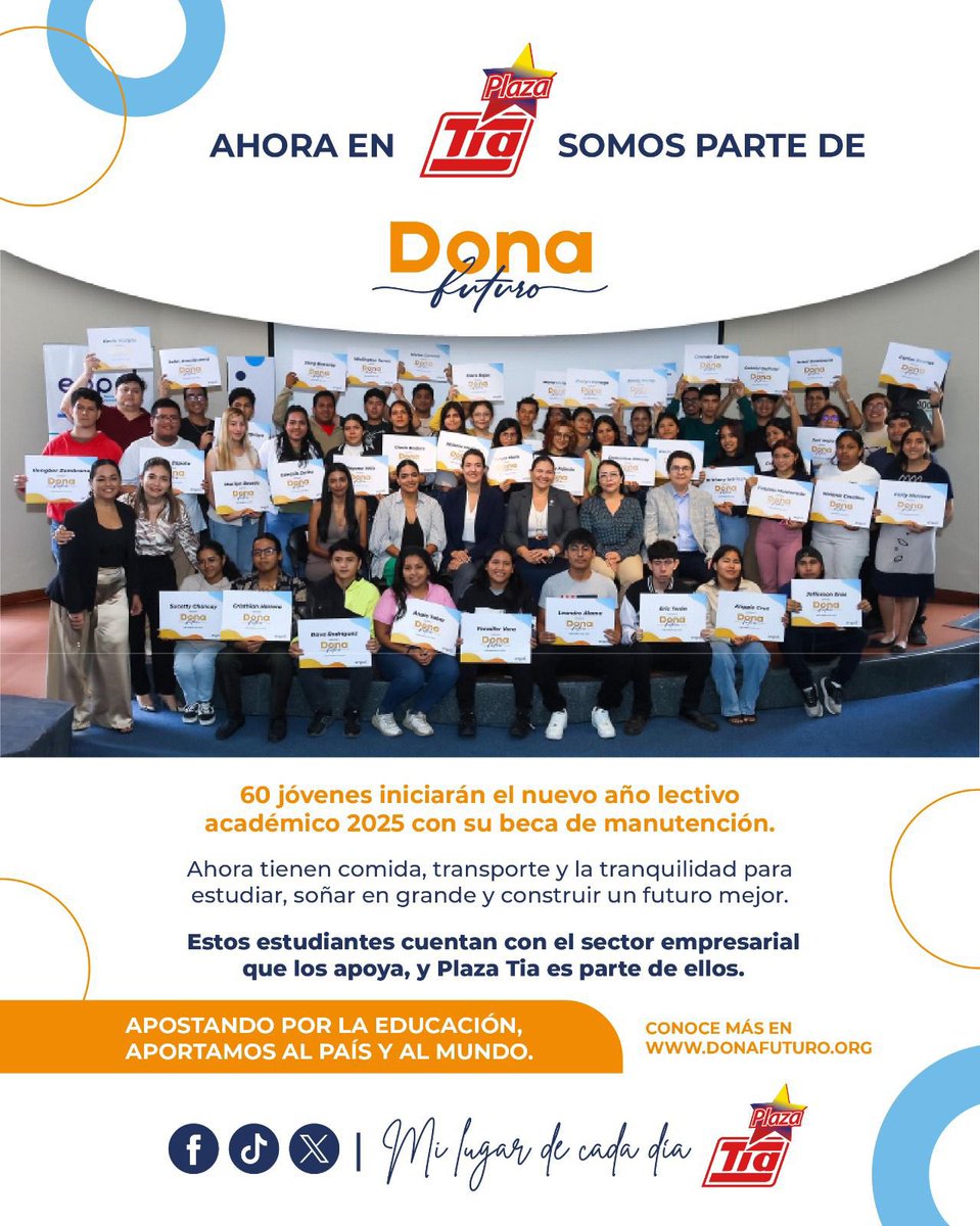 🎓🤝 ¡En Plaza TIA creemos en el poder de la educación! Por eso nos unimos a Dona Futuro, una iniciativa que conecta a estudiantes con el apoyo del sector empresarial. 💼✨

Nos enorgullece ser parte de este convenio que impulsa sueños y construye un mejor futuro. 💙 #DonaFuturo