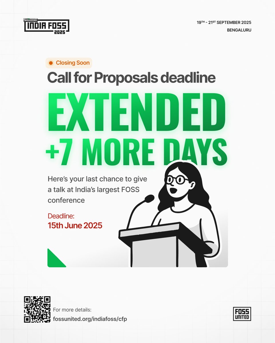 IndiaFOSS's tweet image. DEADLINE EXTENDED!
Still thinking about submitting a talk? Good news, we’ve got 7 more days just for you! Share your FOSS story at #IndiaFOSS 2025
📅 New deadline: 15 June
🔗 fossunited.org/indiafoss/cfp
#unitedbyfoss #fossunited #indiafoss 2025