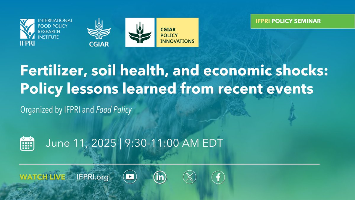 📢 On June 11, join us for a discussion of key findings from a recent special issue of Food Policy exploring the complex interactions between fertilizer use, soil health management, &amp; economic shocks in various agricultural systems. 👉 bit.ly/SoilHealth-

🤝<a href="/IFPRI/">IFPRI</a>