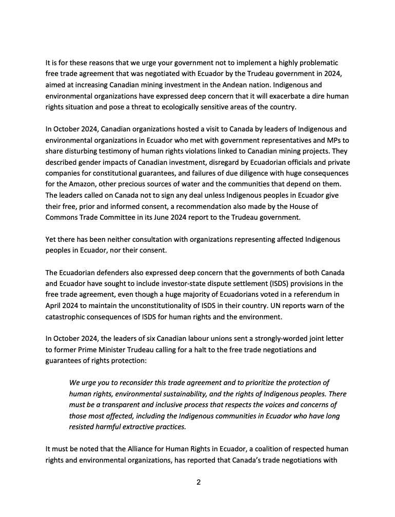 MiningWatch's tweet image. 29 Canadian civil society organizations & unions, including MiningWatch Canada, urge the Canadian government not to implement Canada-Ecuador free trade agreement.
Read our letter to Prime Minister Mark Carney @MarkJCarney