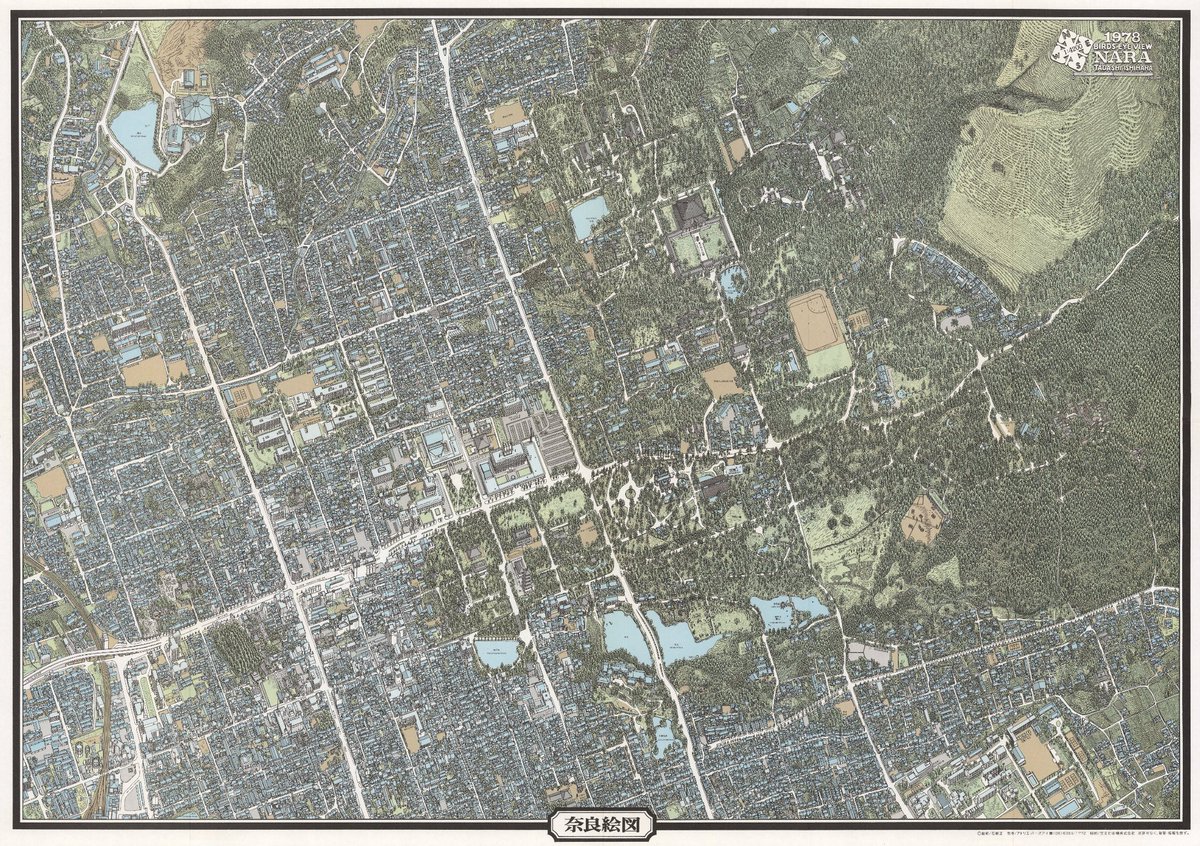 Japanese illustrator Tadashi Ishihara created hyper-detailed bird’s-eye maps with every rooftop and tree; no generalization, no problem.

He drew magnificent views of Nara, Kyoto, Osaka, Ashiya, Asuka and Manhattan.