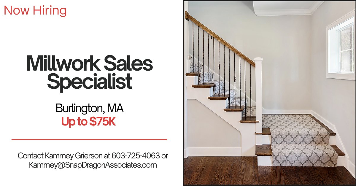 SnapDragonNH's tweet image. 📢 We're hiring a Millwork Sales Specialist in Burlington, MA!
Join a growing team-first company with $75K+ earning potential, no late nights, and real growth opportunity.

📩 Contact SnapDragon Associates to learn more.

#sales #millwork #buildingmaterials #hiring