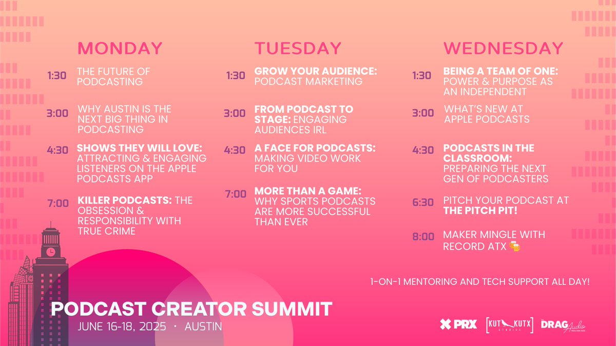 We’re just 1 week away from the Podcast Creator Summit in Austin, June 16–18. Join us for 3 days of free workshops, panels, mentoring with podcast pros.

Register now: bit.ly/43diq6d