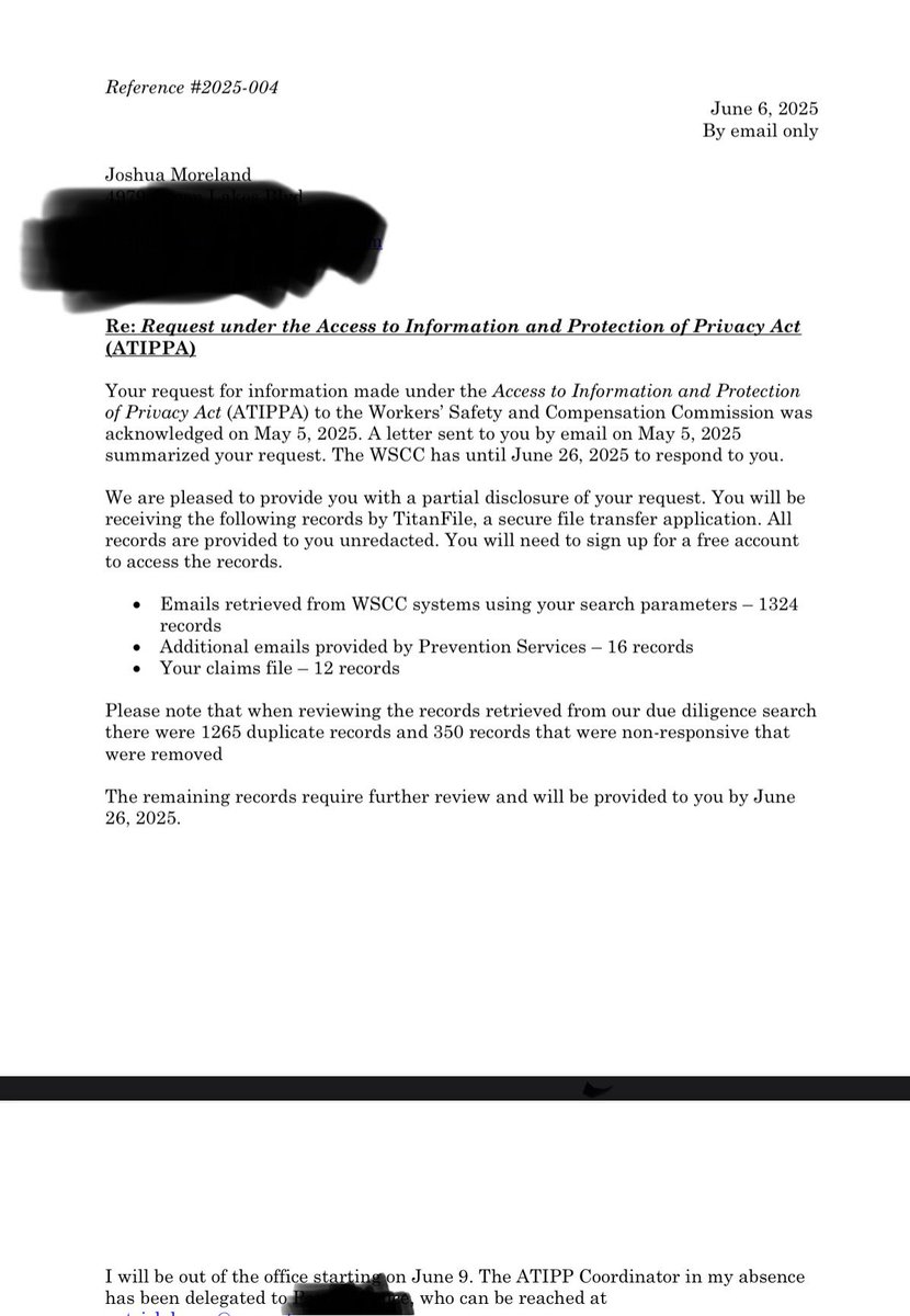 WSCC dumped 1,324 emails.
1,265 were “duplicates.”
350 “non-responsive.”
FOIP delay until June 26.

Systemic suppression.
They’re hiding what matters.

#WSCCexposed #FOIPdelay #DeBeersCoverup #ATIPPA #WorkersRights #InjuredWorkers #MedicalGaslighting #OHSfail #SystemicNegligence