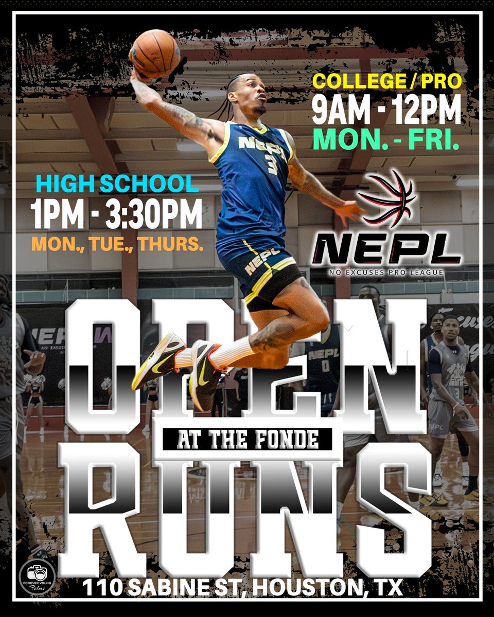 𝔽𝕠𝕣𝕖𝕧𝕖𝕣 𝕐𝕠𝕦𝕟𝕘 𝔽𝕚𝕝𝕞𝕤 SPORTS 🎥 (@4yfilms) on Twitter photo IT STARTS TODAY!!!
High School OPEN RUNS at the FONDE!!!
FREE!!!! All you need to bring is your GAME!!!
1:00pm - 3:30pm
110 Sabine St, Houston, TX 77007
TELL THEM FOREVER YOUNG FILMS SENT YOU!!!
<a href="/RcsSports/">Jim Hicks</a> <a href="/roberthatter/">robert hatter</a> <a href="/djones8301/">Doug Jones</a> IT STARTS TODAY!!!
High School OPEN RUNS at the FONDE!!!
FREE!!!! All you need to bring is your GAME!!!
1:00pm - 3:30pm
110 Sabine St, Houston, TX 77007
TELL THEM FOREVER YOUNG FILMS SENT YOU!!!
<a href="/RcsSports/">Jim Hicks</a> <a href="/roberthatter/">robert hatter</a> <a href="/djones8301/">Doug Jones</a>