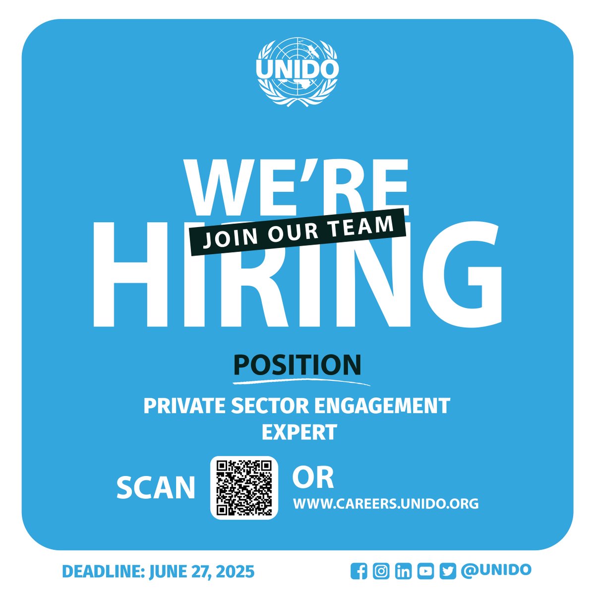 We're hiring a Private Sector Engagement Expert for our EU Funded Youth Rising Project in Liberia! 𝙎𝘾𝘼𝙉 the 𝙌𝙍 𝙘𝙤𝙙𝙚 or find the link below. 𝘿𝙚𝙖𝙙𝙡𝙞𝙣𝙚: June 27, 2025 careers.unido.org/job/Monrovia-P…