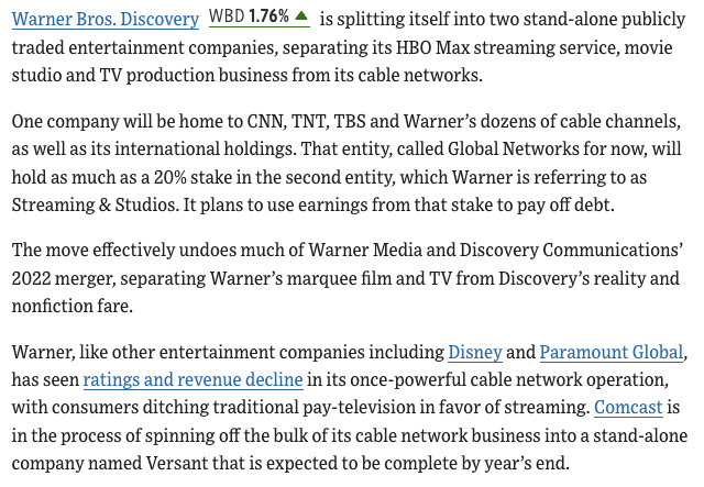 CWRoehl's tweet image. Das schrumpfende Geschäft mit TV-Stationen lastet auf der "Equity Story" der Entertainment-Giganten – weshalb nach #Comcast (hatten wir gerade in #LebenMitAktien) auch $WBD Warner Bros. Discovery seine Cable Channels über die Börse abspalten will. Ob nun auch #Disney folgt?