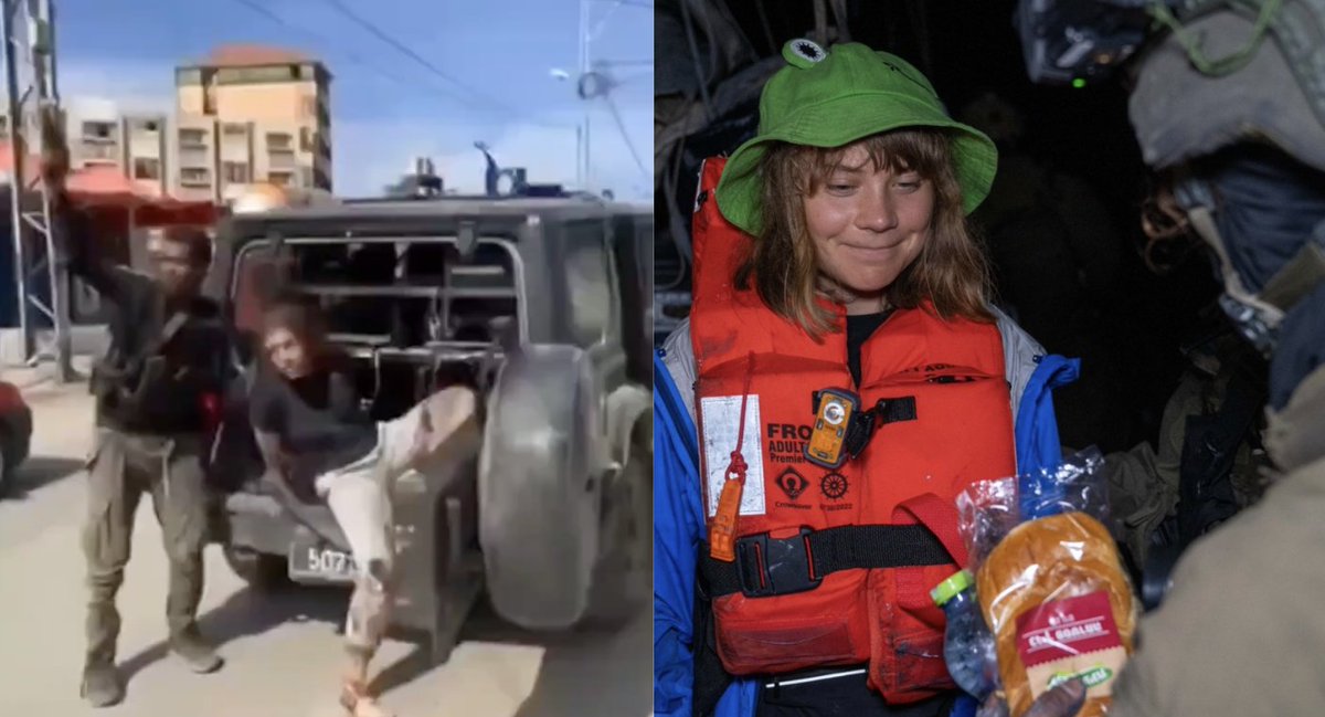 AntSpeaks's tweet image. 11. To clarify, this is a comparison between a photo showing what an actual kidnapping looked like on October 7th and one showing Greta's ship being stopped and escorted to safety by the IDF.