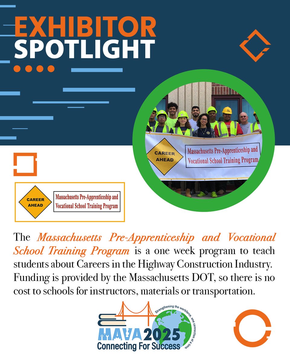 #CFS2025 Exhibitor Spotlight 🌟 The MA Pre-Apprenticeship &amp; Voc. School Training Programs will have a booth at the exhibit hall! They provide valuable #resources for #vocational students, helping them explore careers in the Highway #Construction Industry. See you then! @massdot
