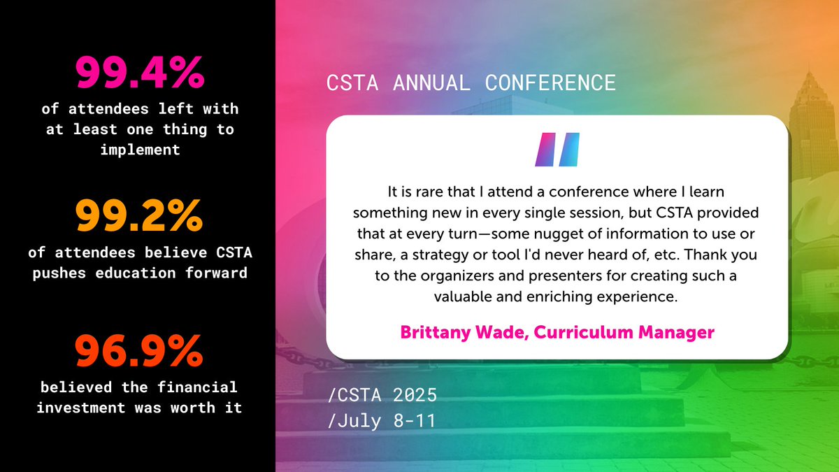 Last year’s conference ensured that our attendees left with new tools to tackle the school year with. Join us in Cleveland for #CSTA2025 and hit the ground running for the 2025-26 school year. 

Register now: ow.ly/ETgT50VOQ40