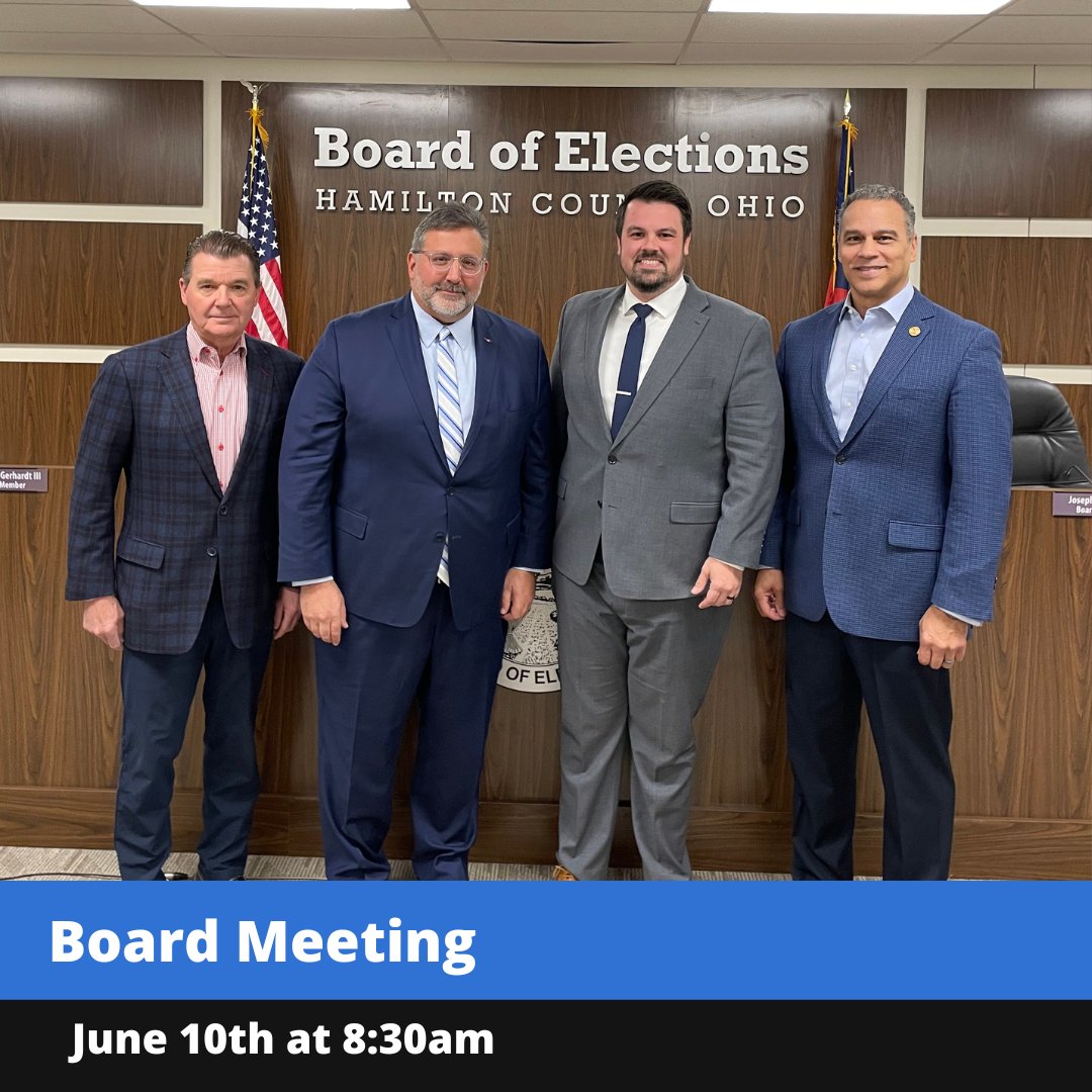 There will be a Board Meeting on June 10th at 8:30 am at the Hamilton County Board of Elections at 4700 Smith Rd. Cincinnati, OH 45212.