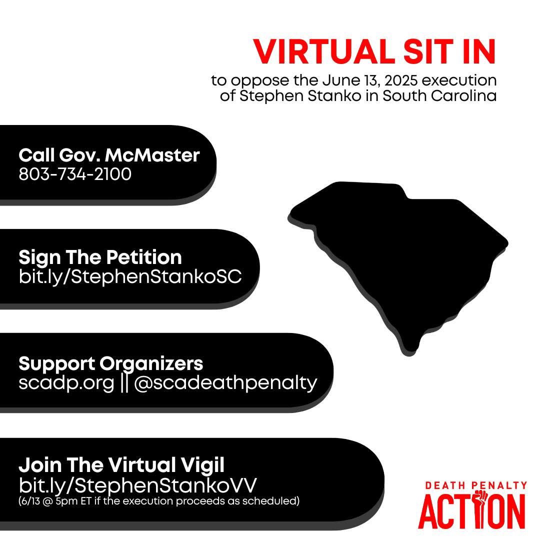 DeathPenaltyAct's tweet photo. 4 ex*cutions. 1 week. Will you stand with #GregoryHunt, #AnthonyWainwright, #JohnHanson, and #StephenStanko? ✊

Join the virtual sit-ins and tell Governors Ivey, DeSantis, Stitt, and McMaster: "DO NOT K!LL IN MY NAME!"  https://t.co/6tCy2z08xh #StopExecutions https://t.co/ekMnr9JoMY