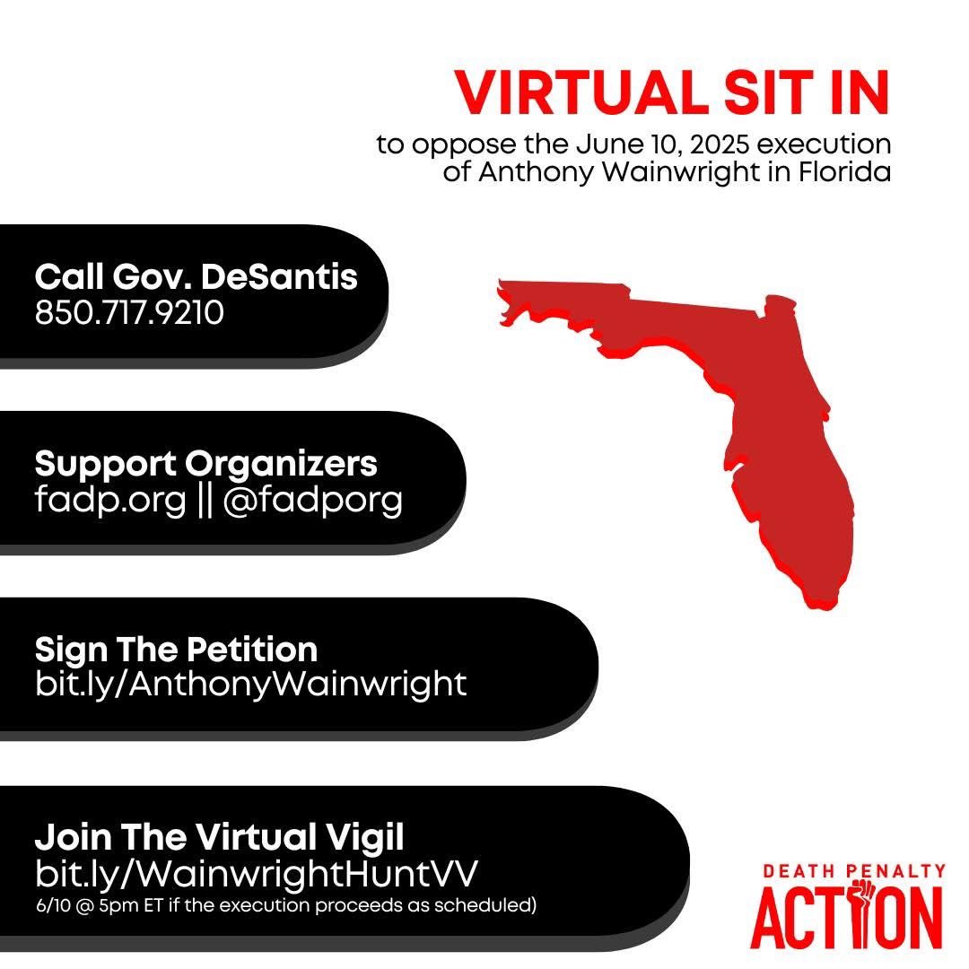 DeathPenaltyAct's tweet photo. 4 ex*cutions. 1 week. Will you stand with #GregoryHunt, #AnthonyWainwright, #JohnHanson, and #StephenStanko? ✊

Join the virtual sit-ins and tell Governors Ivey, DeSantis, Stitt, and McMaster: "DO NOT K!LL IN MY NAME!"  https://t.co/6tCy2z08xh #StopExecutions https://t.co/ekMnr9JoMY