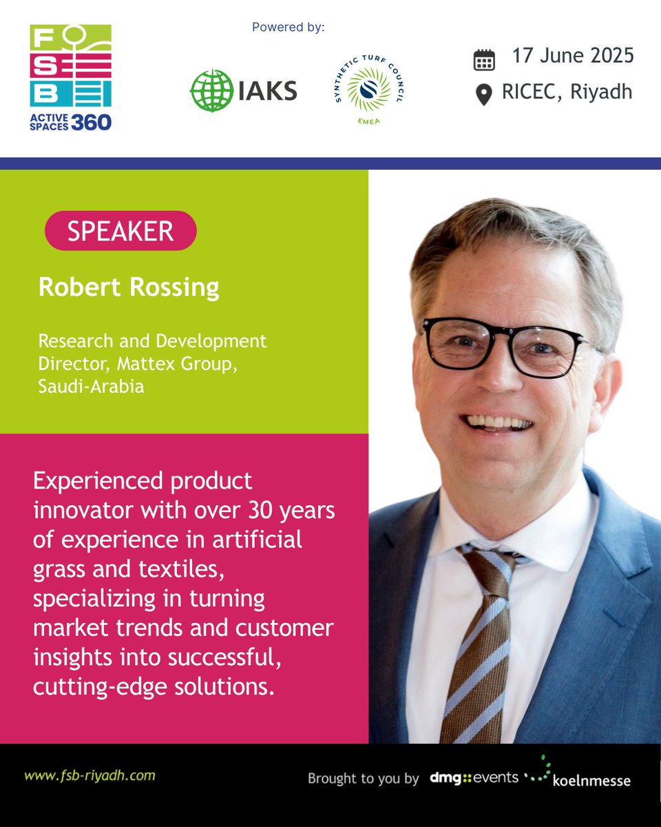 🚨We are excited to announce that Robert Rossing will be speaking at ActiveSpaces 360, powered by IAKS International and ESTC (EMEA Synthetic Turf Council) , hosted at FSB Sports Show Riyadh – the leading event for sports and recreational infrastructure in the Kingdom! 🏟️

Attend