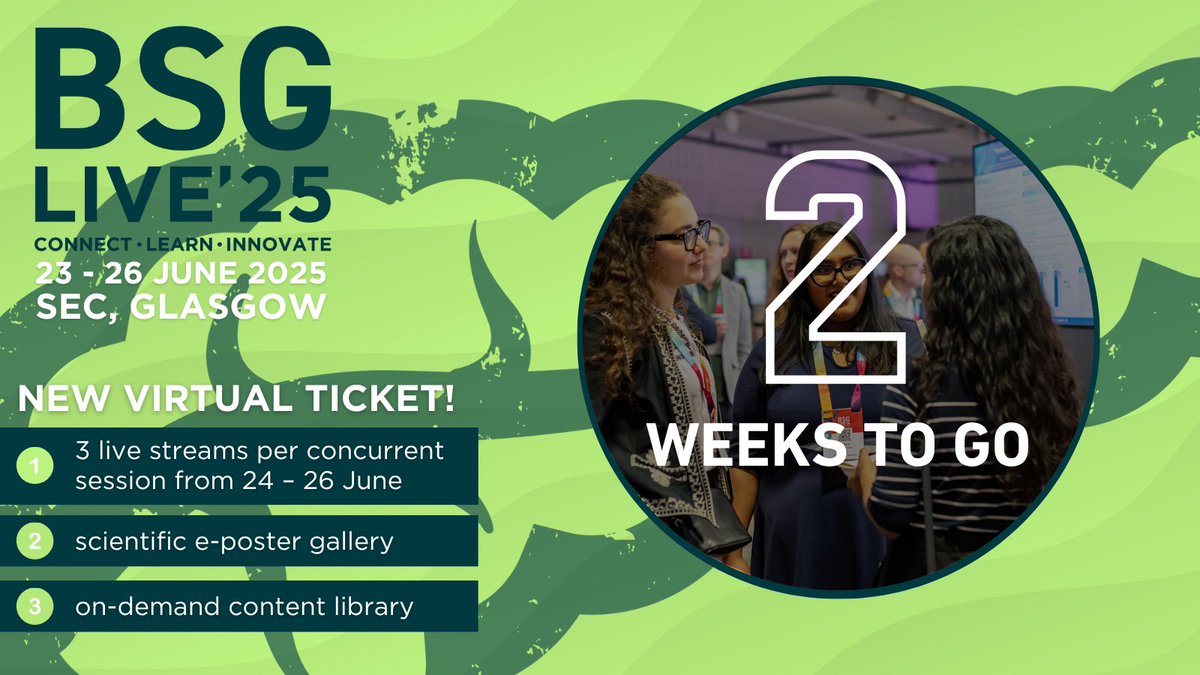 BSG (@britsocgastro) on Twitter photo With just 2 weeks to go until #BSGLIVE25 kicks off 23rd - 26th June, we're looking forward to welcoming you to Glasgow!
Can't make it? Our new virtual ticket offers 3️⃣ live streams from Tuesday - Thursday, e-poster & on-demand content library access 🙌live.bsg.org.uk/virtual-ticket… With just 2 weeks to go until #BSGLIVE25 kicks off 23rd - 26th June, we're looking forward to welcoming you to Glasgow!
Can't make it? Our new virtual ticket offers 3️⃣ live streams from Tuesday - Thursday, e-poster & on-demand content library access 🙌live.bsg.org.uk/virtual-ticket…