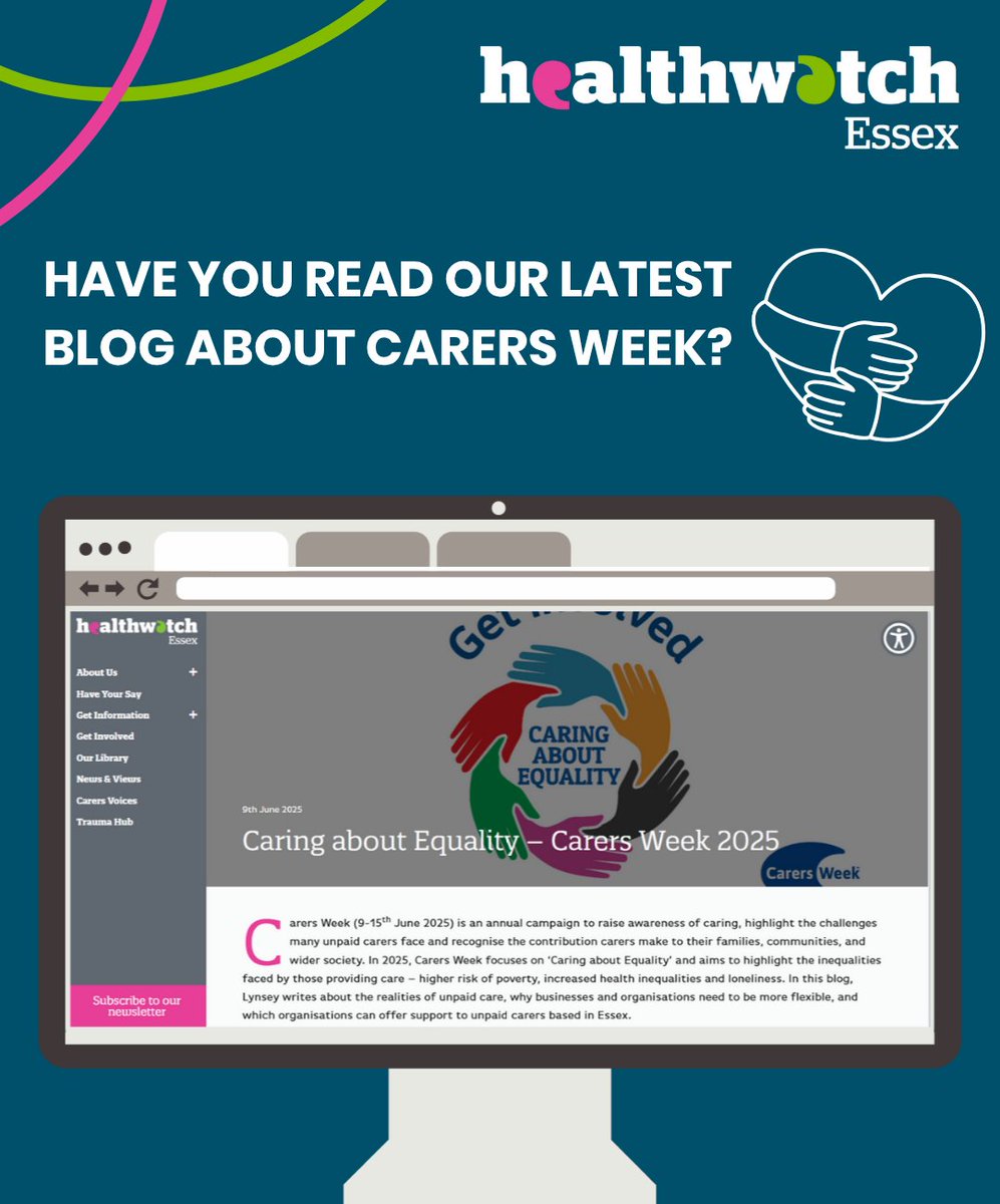 It's Carers Week! This week we are raising awareness highlighting the importance of caring, sharing the challenges that unpaid carers go through day in and day out, and recognise the contribution carers make. 

Read our latest blog here: healthwatchessex.org.uk/2025/06/caring…