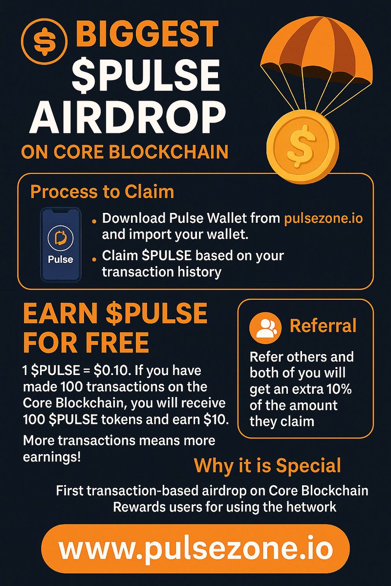 pulsezone_io's tweet photo. @Coredao_Org @BitGo @CoinDesk @godbole17 The first transaction based airdrop is live on Core chain. Go to https://t.co/DXsZCPP9Vy and get the $pulse wallet to claim. Do not miss out!!! https://t.co/5gRZsAd2ku