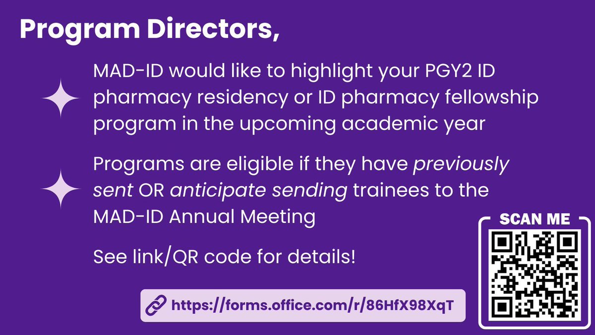 MAD-ID The Antimicrobial Stewardship Meeting®️ (@mad_id_asp) on Twitter photo 📣 Attention Program Directors! Sign up is OPEN!
🌟 MAD-ID is excited to spotlight your PGY2 ID pharmacy residency or ID pharmacy fellowship program in the upcoming academic year!
🎓 See eligibility criteria!
Sign up and learn more here: forms.office.com/r/86HfX98XqT
<a href="/accpinfdprn/">ACCP INFD PRN</a> 📣 Attention Program Directors! Sign up is OPEN!
🌟 MAD-ID is excited to spotlight your PGY2 ID pharmacy residency or ID pharmacy fellowship program in the upcoming academic year!
🎓 See eligibility criteria!
Sign up and learn more here: forms.office.com/r/86HfX98XqT
<a href="/accpinfdprn/">ACCP INFD PRN</a>