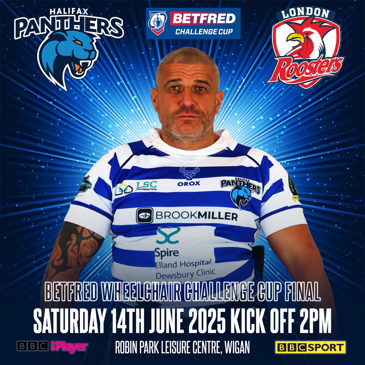 Halifax Panthers 🐾 (@halifaxpanthers) on Twitter photo IT'S CUP FINAL WEEK 🏆 Our Wheelchair Panthers go into battle with <a href="/London_Roosters/">London Roosters WhRL</a> this Saturday afternoon in the Betfred <a href="/TheChallengeCup/">Betfred Challenge Cup</a> Final at Robin Park, Wigan 2pm KO 🔵⚪️🐾
Wayne Boardman's troops chase silverware live in front of the <a href="/BBCSport/">BBC Sport</a> cameras. Tickets are on IT'S CUP FINAL WEEK 🏆 Our Wheelchair Panthers go into battle with <a href="/London_Roosters/">London Roosters WhRL</a> this Saturday afternoon in the Betfred <a href="/TheChallengeCup/">Betfred Challenge Cup</a> Final at Robin Park, Wigan 2pm KO 🔵⚪️🐾
Wayne Boardman's troops chase silverware live in front of the <a href="/BBCSport/">BBC Sport</a> cameras. Tickets are on