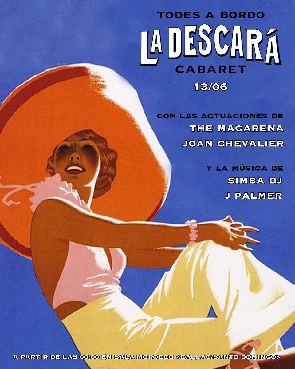 Cuando llega el calor, les chiques se enamoran 😍 Así que, este viernes nos refrescamos en CABARET LA DESCARÁ👙Trae tu pamela y los manguitos, porque el crucero con más descaro de Madrid está a punto de zarpar 🚢 con las actuaciones temáticas de <a href="/iamthemacarena/">The Macarena ❤︎</a> &amp; <a href="/Joan_Chvlr/">JOAN CHEVALIER 💅🏻</a> ⚓