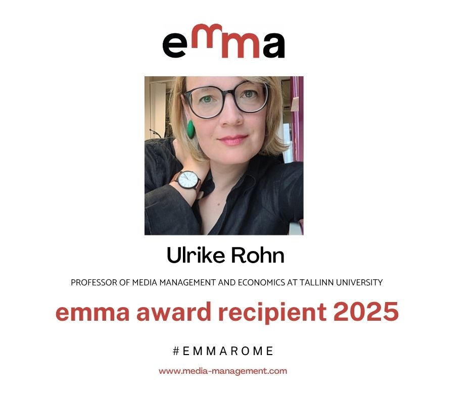 emma - the European Media Management Association (@emma_assoc) on Twitter photo Congratulations, <a href="/ulrike_rohn/">Ulrike Rohn</a> for receiving emma award at the <a href="/emma_assoc/">emma - the European Media Management Association</a> annual conference in Rome on June 5, 2025!
Ulrike is a Professor of Media Management and Economics at Tallinn University’s Baltic Film, Media and Arts School in Estonia.
#mediamanagement #academia Congratulations, <a href="/ulrike_rohn/">Ulrike Rohn</a> for receiving emma award at the <a href="/emma_assoc/">emma - the European Media Management Association</a> annual conference in Rome on June 5, 2025!
Ulrike is a Professor of Media Management and Economics at Tallinn University’s Baltic Film, Media and Arts School in Estonia.
#mediamanagement #academia