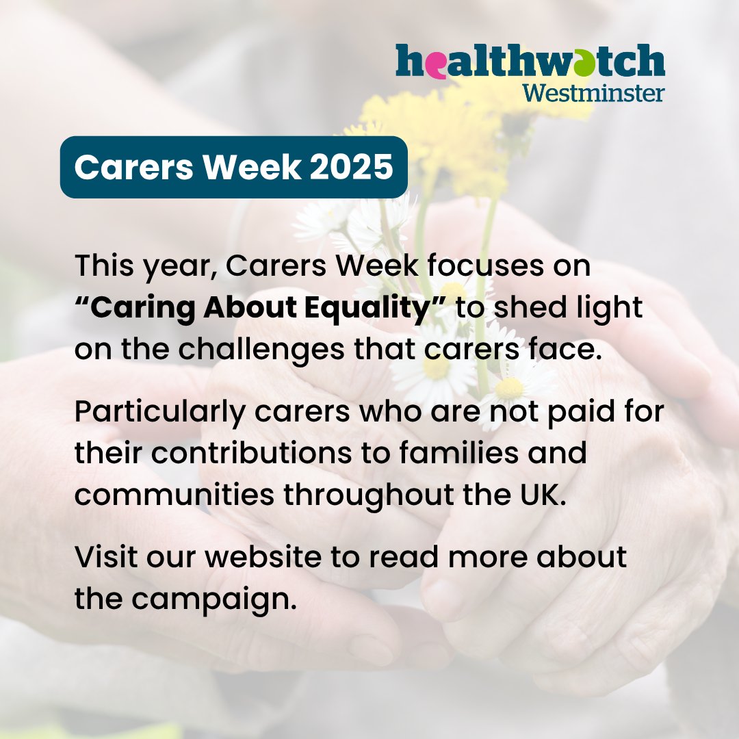 This week is Carers Week, an annual event hosted by Carers UK which aims to raise awareness about the various challenges that carers may face and the valuable contribution of unpaid carers.

Visit our website to learn more about the event: healthwatchwestminster.org.uk/advice-and-inf…