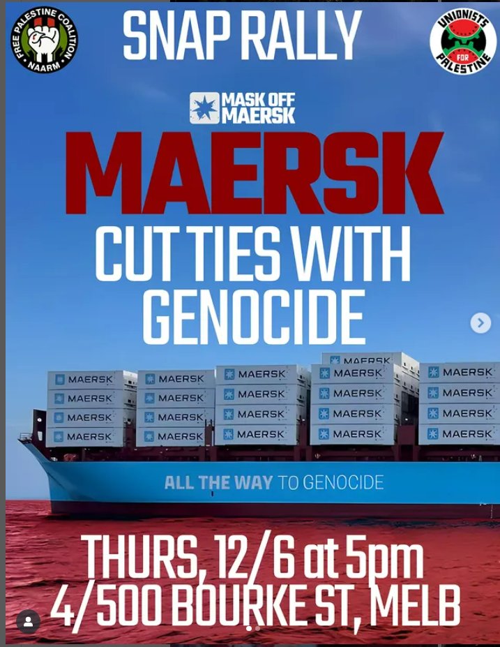 SNAP RALLY - THIS THURSDAY 12th JUNE 5PM
 
JOIN UNIONISTS FOR PALESTINE VIC &amp; <a href="/freepcoalition/">Free Palestine Coalition Naarm</a>  AT THE LAUNCH OF THE LOCAL MASK OFF <a href="/Maersk/">Maersk</a>  CAMPAIGN

Maerks Hq Melbourne 4/500 Bourke St