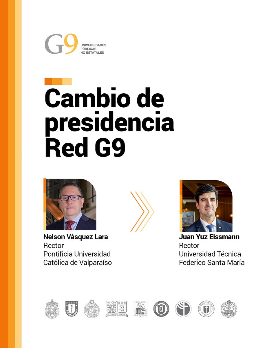 [HOY] 📌 Este lunes 9 de junio se realiza el Cambio de Mando de la #RedG9.
🙌🏻 Agradecemos la gran labor y liderazgo del Rector Nelson Vásquez de <a href="/pucv_cl/">PUCV</a> y damos la bienvenida a la #PresidenciaG9 al Rector Juan Yuz de <a href="/usantamaria/">USM</a> 
Éxito en la gestión que inicia 👏🏼
