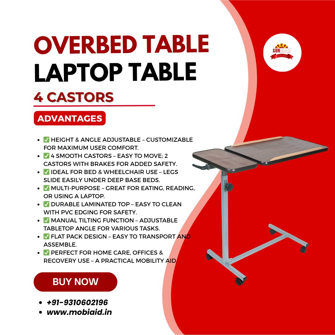 EaSunbeam53503's tweet image. Tired of juggling meals or work in bed?
Meet the Overbed/Laptop Table with Castors by #SunbeamEnterprises – smooth-rolling, multi-use, and built for comfort. 💼🍽️
Because comfort should never be compromised. ❤️
#SmartLiving  #MadeInIndia #overbedtable
