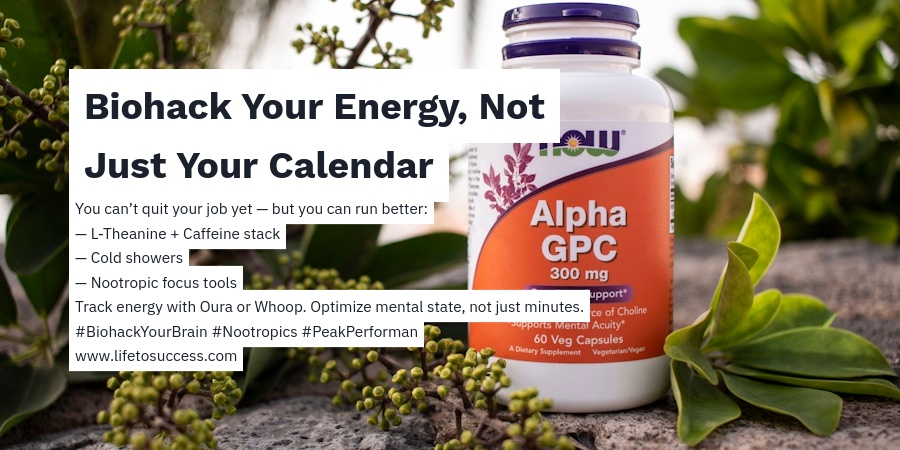 lifetosuccess's tweet image. 6/7 — Biohack Your Energy, Not Just Your Calendar

You can’t quit your job yet — but you can run better:

— L-Theanine + Caffeine stack
— Cold showers
— Nootropic focus tools

Track energy with Oura or Whoop. Optimize mental state, not just minutes.

#BiohackYourBrain #Nootropics…