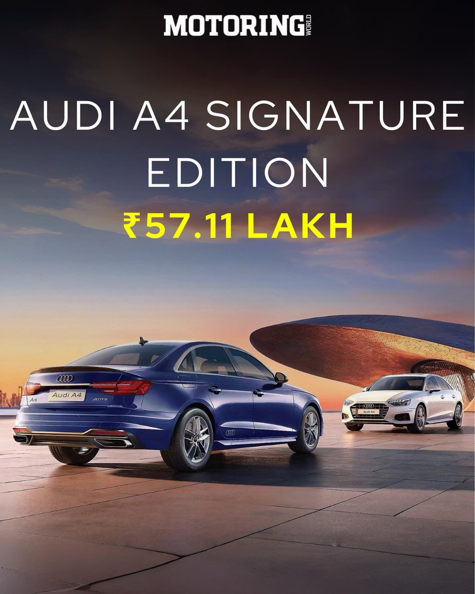MyMotoringWorld's tweet image. The #AudiA4 #SignatureEdition has been launched in India at a price of ₹57.11 lakh (ex-showroom). This edition adds features such as Park Assist with a 360-degree camera, a rear spoiler, stainless steel pedal covers, LED puddle lamps, and dynamic hub caps.

#Audi #MotoringWorld