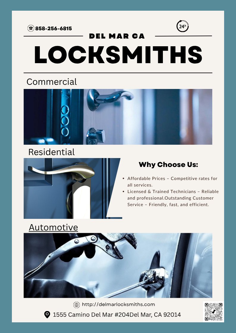 🔐 Del Mar CA Locksmiths – Reliable, Fast &amp; Affordable!
Call us on :858-256-6815
Our visit online :delmarlocksmiths.com
#Emergencyhomelockoutassistance
#Cardoorlockrepairrekeying
#Doorlockdeadboltrepairreplacement
