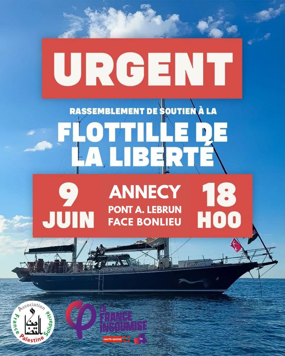 lfi_74's tweet photo. Cette nuit, les forces armées israéliennes ont arraisonné la Flottille de la liberté pour Gaza et arrêté son équipage dont Rima Hassan, députée européenne.

Rassemblement d'ANNECY : CE SOIR 18H devant Bonlieu (pont Albert Lebrun) https://t.co/vPovpx5CXS