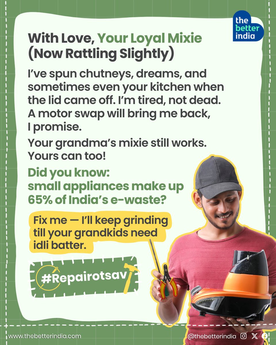 thebetterindia's tweet image. Hey there! It’s me, your trusty mixie, a little rattly but still full of grind.

Did you know India churned out a staggering 1.6 million tonnes of e‑waste in 2021–22, yet only about one-third of it was recycled properly?

#RepairDontReplace #CircularEconomy #FixItIndia…