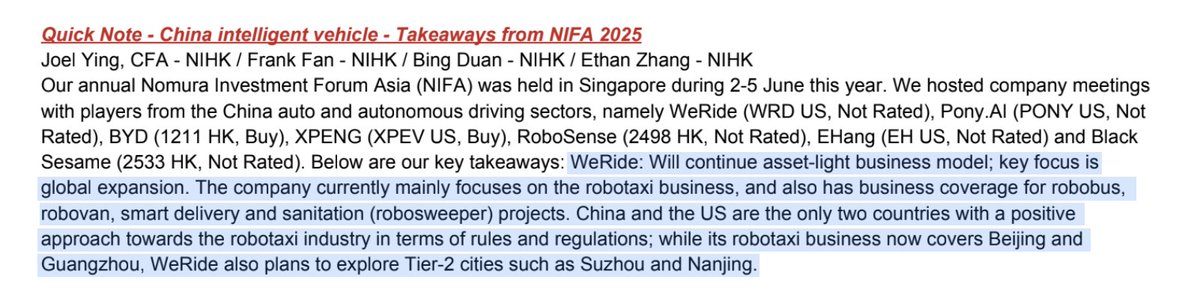 rwang07's tweet image. Nomura: "WeRide: Will continue asset-light business model; key focus is global expansion. The company currently mainly focuses on the robotaxi business, and also has business coverage for robobus, robovan, smart delivery and sanitation (robosweeper) projects. China and the US are