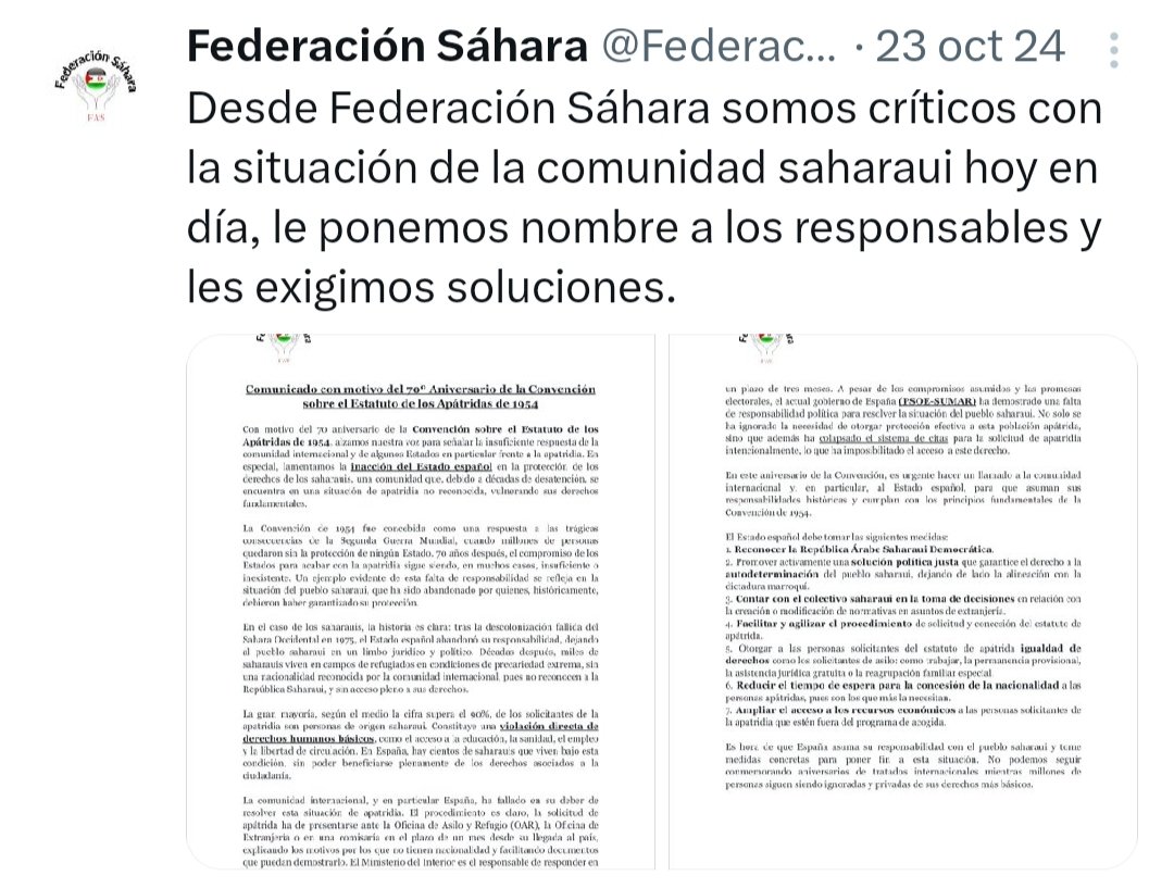 RevistaElObservador (@_elobservador_) on Twitter photo #OJO
Nada cambia.
<a href="/JoseleAguilar/">Josele Aguilar /❤</a>: nadie del <a href="/PSOEmalaga/">PSOE de Málaga</a> se reune con la #FederaciónSáhara <a href="/Federacionsahra/">Federación Sáhara</a> con sede en <a href="/malaga/">Ciudad de Málaga</a>, q representa al pueblo saharaui masacrado x #Marruecos en una #Gaza hispana. Pero van a la asociación marroquí xa pelotear a <a href="/sanchezcastejon/">Pedro Sánchez</a>. Asco.
. #OJO
Nada cambia.
<a href="/JoseleAguilar/">Josele Aguilar /❤</a>: nadie del <a href="/PSOEmalaga/">PSOE de Málaga</a> se reune con la #FederaciónSáhara <a href="/Federacionsahra/">Federación Sáhara</a> con sede en <a href="/malaga/">Ciudad de Málaga</a>, q representa al pueblo saharaui masacrado x #Marruecos en una #Gaza hispana. Pero van a la asociación marroquí xa pelotear a <a href="/sanchezcastejon/">Pedro Sánchez</a>. Asco.
.