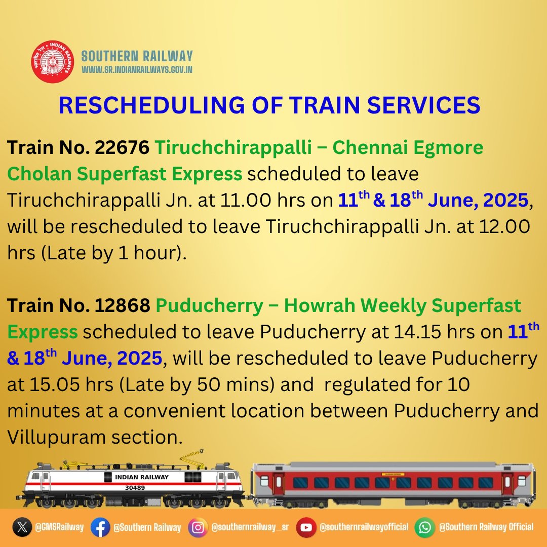 DRMTPJ's tweet photo. In view of maintenance work in various sections in Tiruchchirappalli Division, the following changes have been made in the pattern of Train Services https://t.co/JkSUSJNrdB