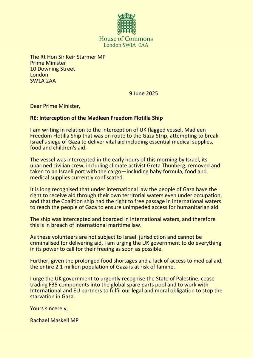 Interception of the Madleen flotilla - I've written to the PM about the breach of international maritime law and to cease selling arms, stop the starvation of Gaza and recognise the state of Palestine
#AllEyesOnDeck #Gaza #Madleen