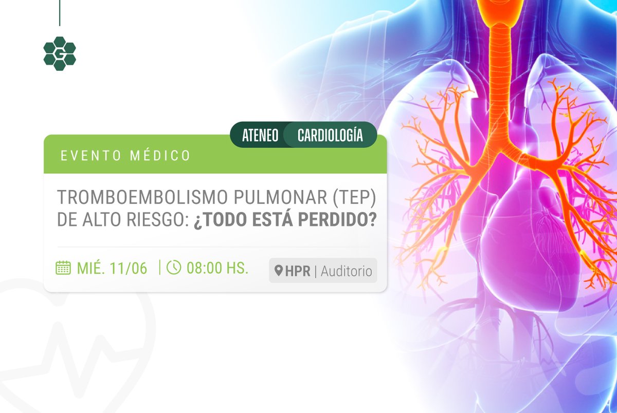 📢 Nuevo Ateneo de Cardiología. 
Tema: Tromboembolismo pulmonar (TEP) de alto riesgo: ¿Todo está perdido?

🗓️Miércoles 11/06.-
📍En HPR y por Zoom.  
Inscribite acá 👉 bit.ly/3HxssHU