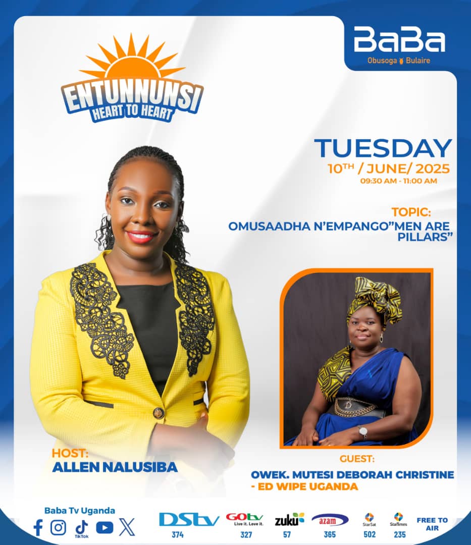 On Tuesday 10th June 2025, the Executive Director <a href="/WipeUganda/">Women Initiatives in Poverty Eradication (WipeUg)</a> will join in a discussion on <a href="/babatvuganda/">Baba TV Uganda</a> in in the morning from 9:30 am on the role of Men in building strong homes and Communities as pillers  "Abasaadha  e'mpaango"  <a href="/KingNadiopeIV/">Kyabazinga of Busoga</a> <a href="/UNICEFUganda/">UNICEF Uganda</a> <a href="/UNFPA/">UNFPA</a> <a href="/UNAIDS/">UNAIDS Global</a>