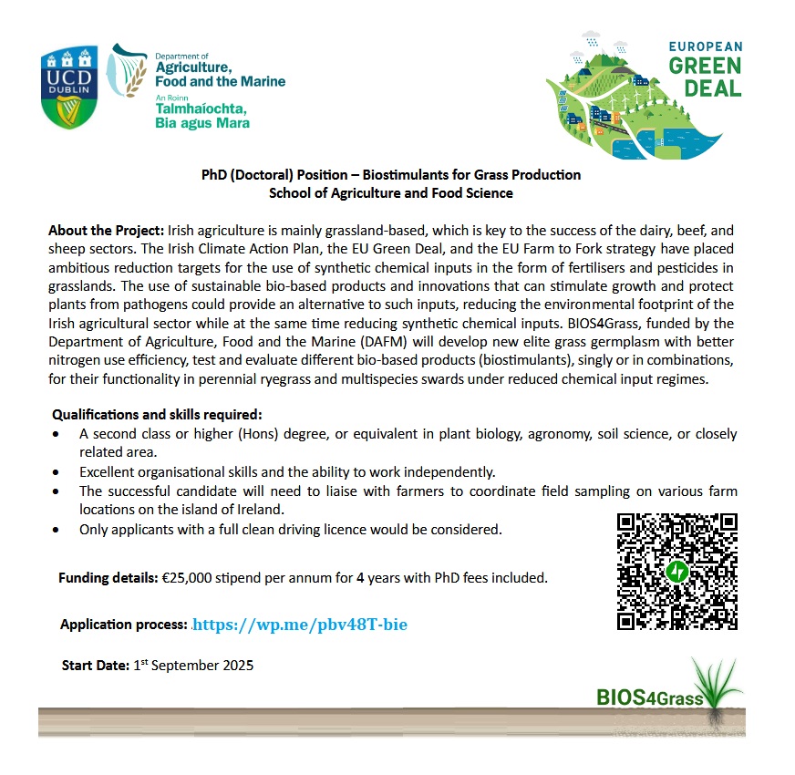 📌 Apply now for a fully funded PhD in the BIOS4Grass project at UCD, Ireland 🇮🇪 , focused on sustainable grass production using biostimulants. Includes €25,000/year stipend and international collaboration. See details at: wp.me/pbv48T-bie